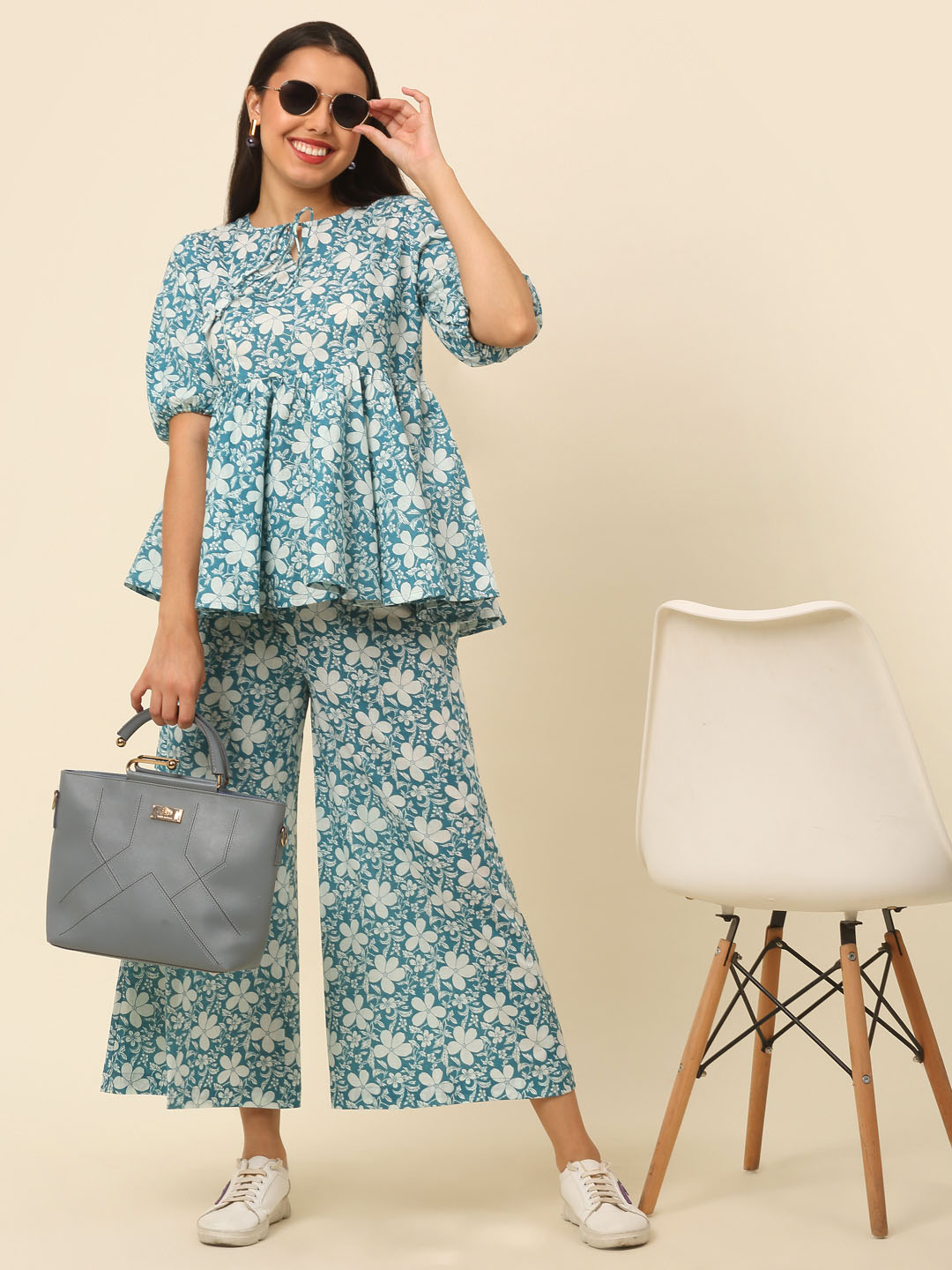 Women Blue and White Printed Gather Details CO-ord Set
