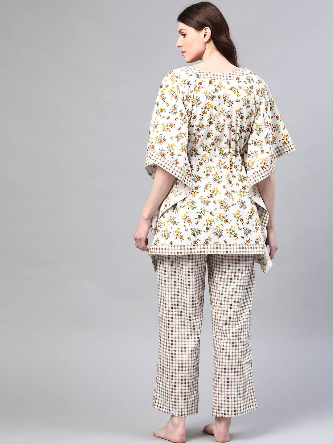 Off-White & Brown Floral  Print Pure Cotton Kaftan Night Suit