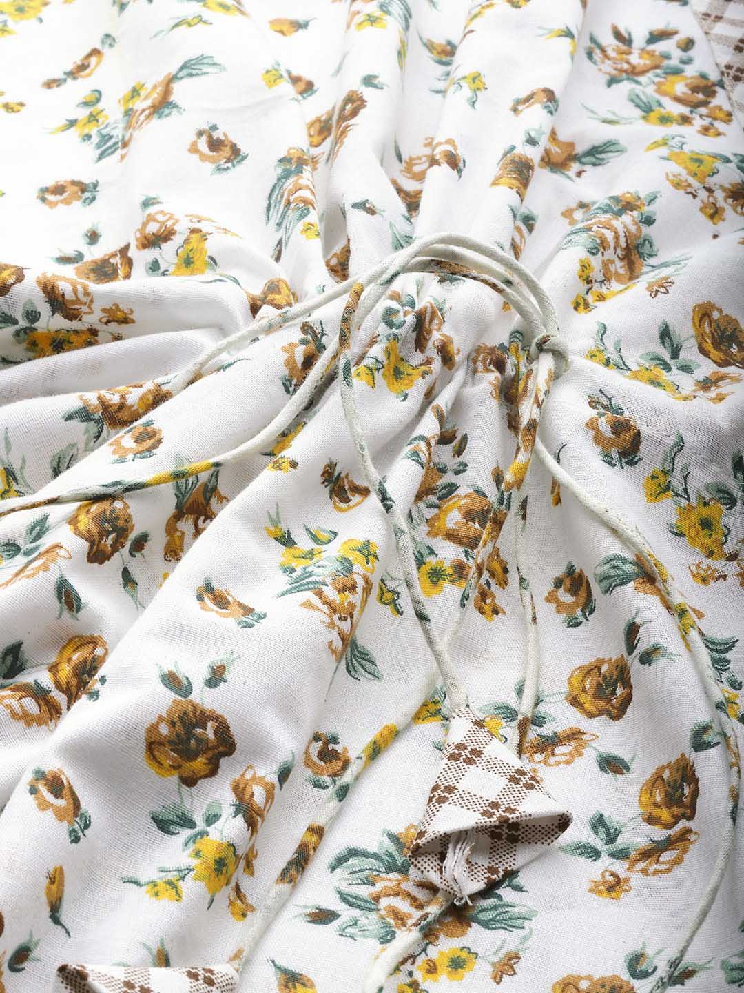 Off-White & Brown Floral  Print Pure Cotton Kaftan Night Suit