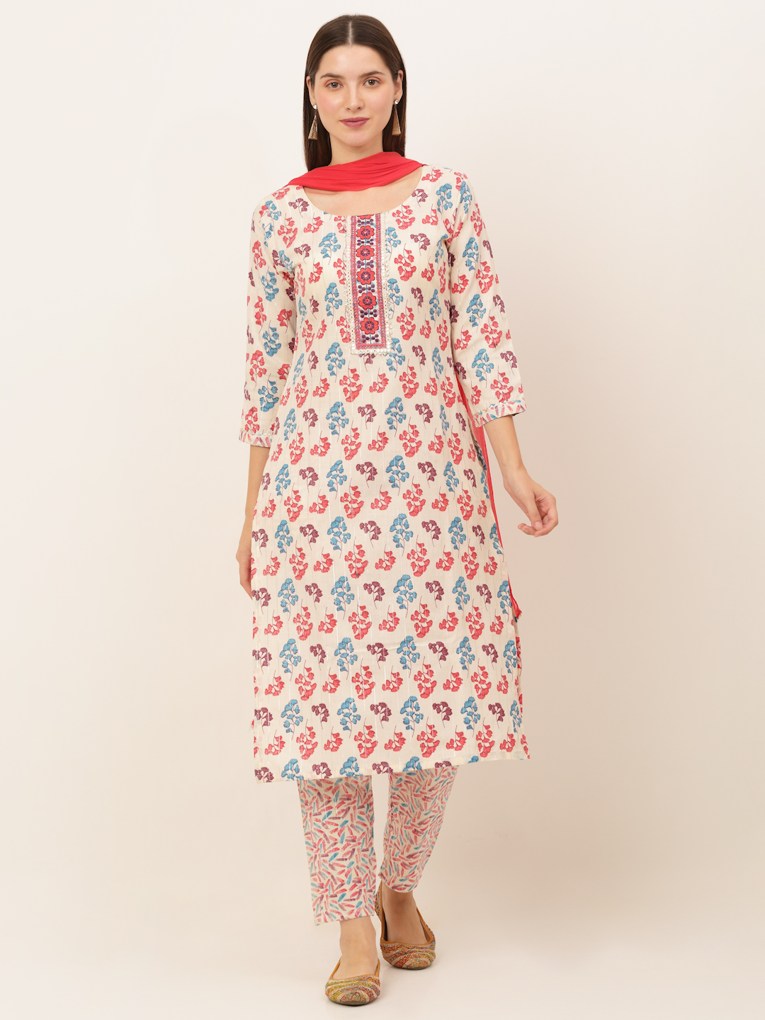 Women Cream-Coloured Floral Printed Kurta with Trousers & With Dupatta