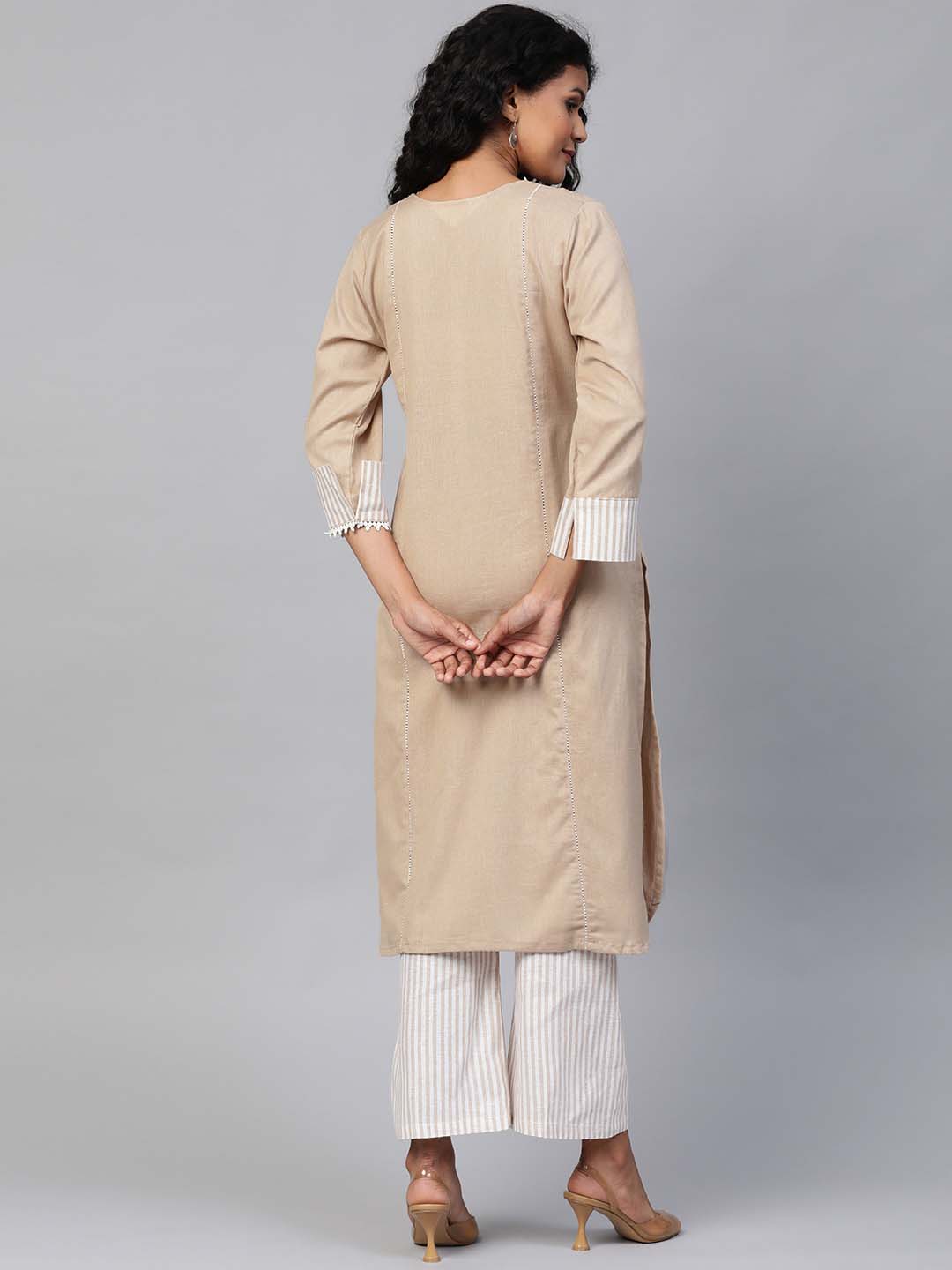 Women Beige & Off-White Solid Kurta with Sustainable Palazzos
