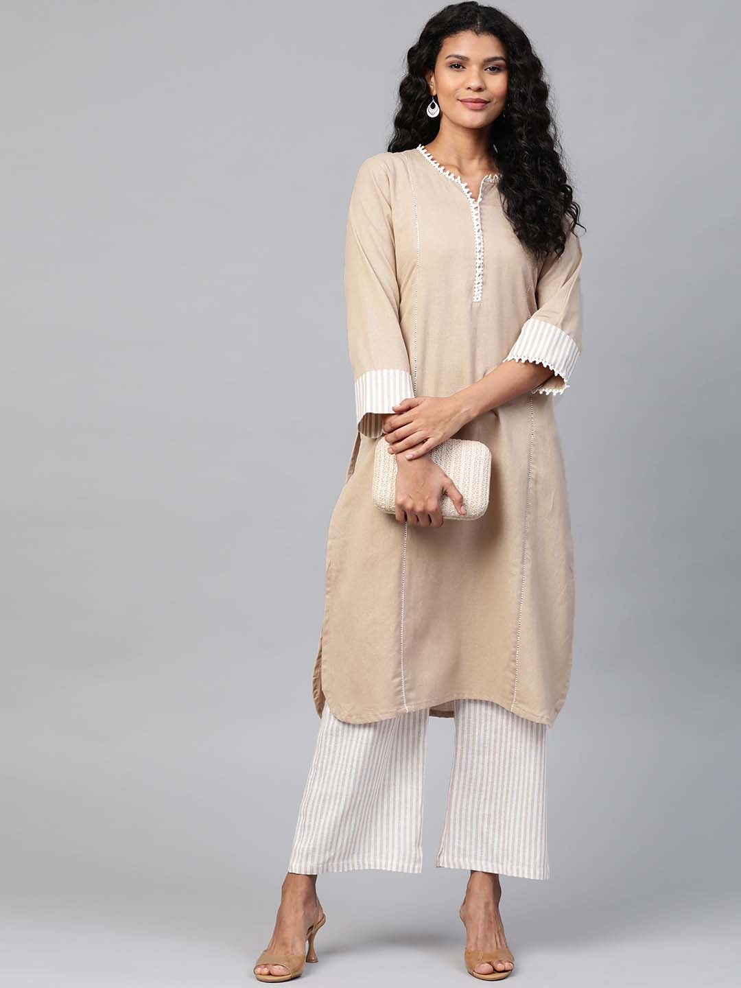 Women Beige & Off-White Solid Kurta with Sustainable Palazzos