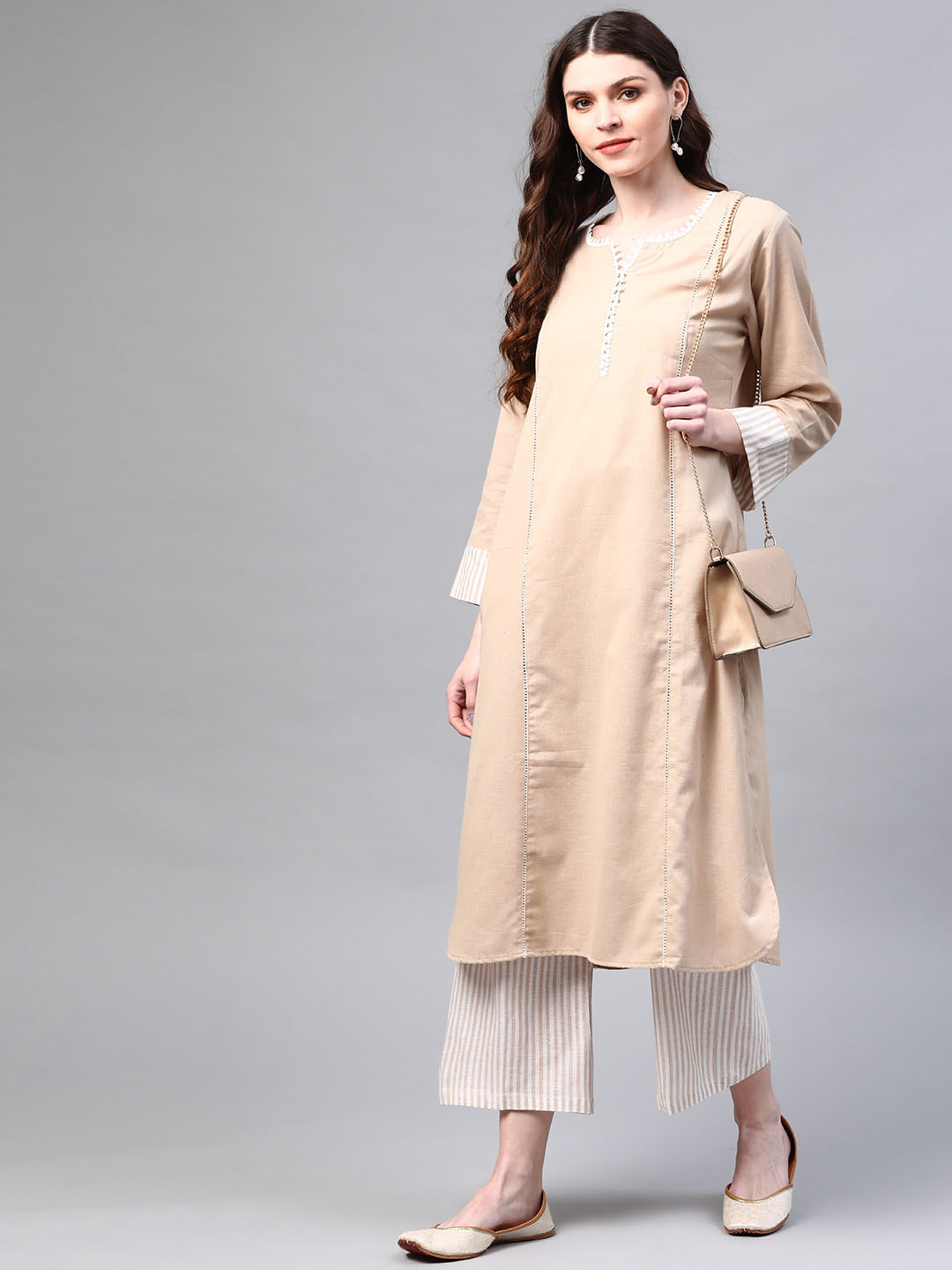 Women Faun & White Handloom Cotton Striped Wide Leg Sustainable Palazzos