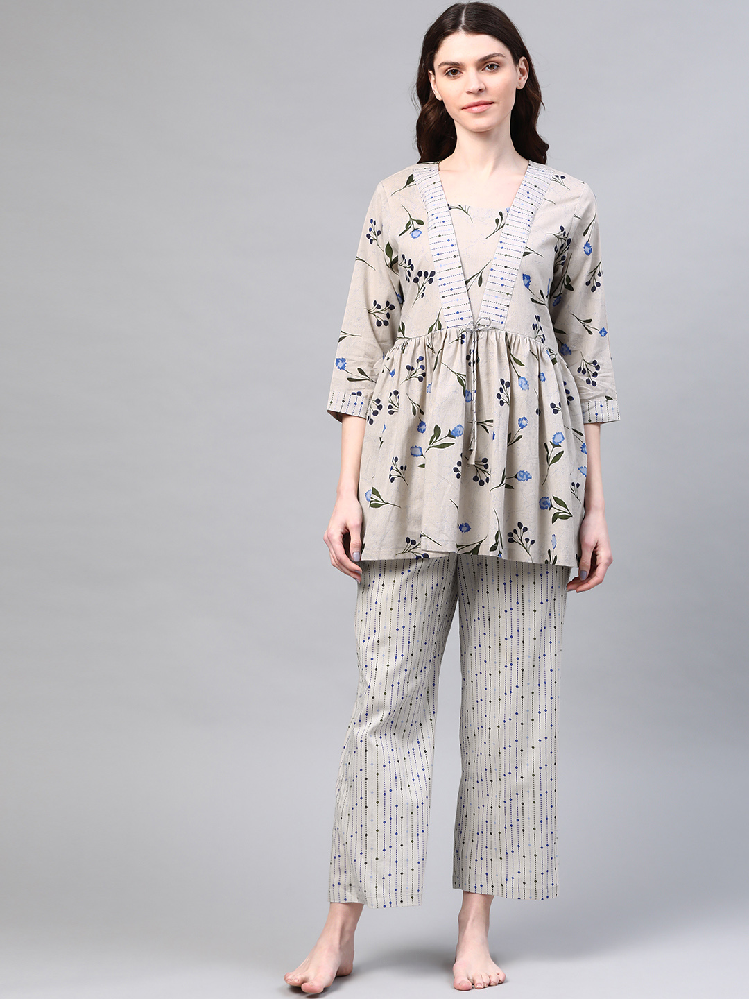 Grey & Blue Floral Print Pure  Cotton Sustainable Night suit