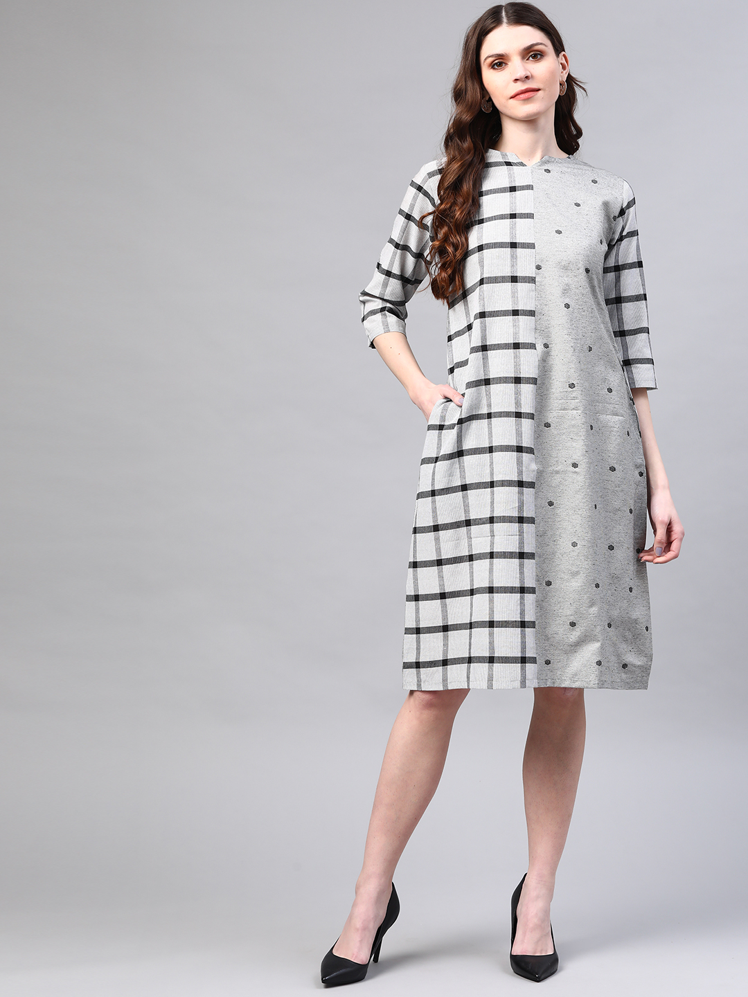 Grey Half and Half Handloom A-Line Dress