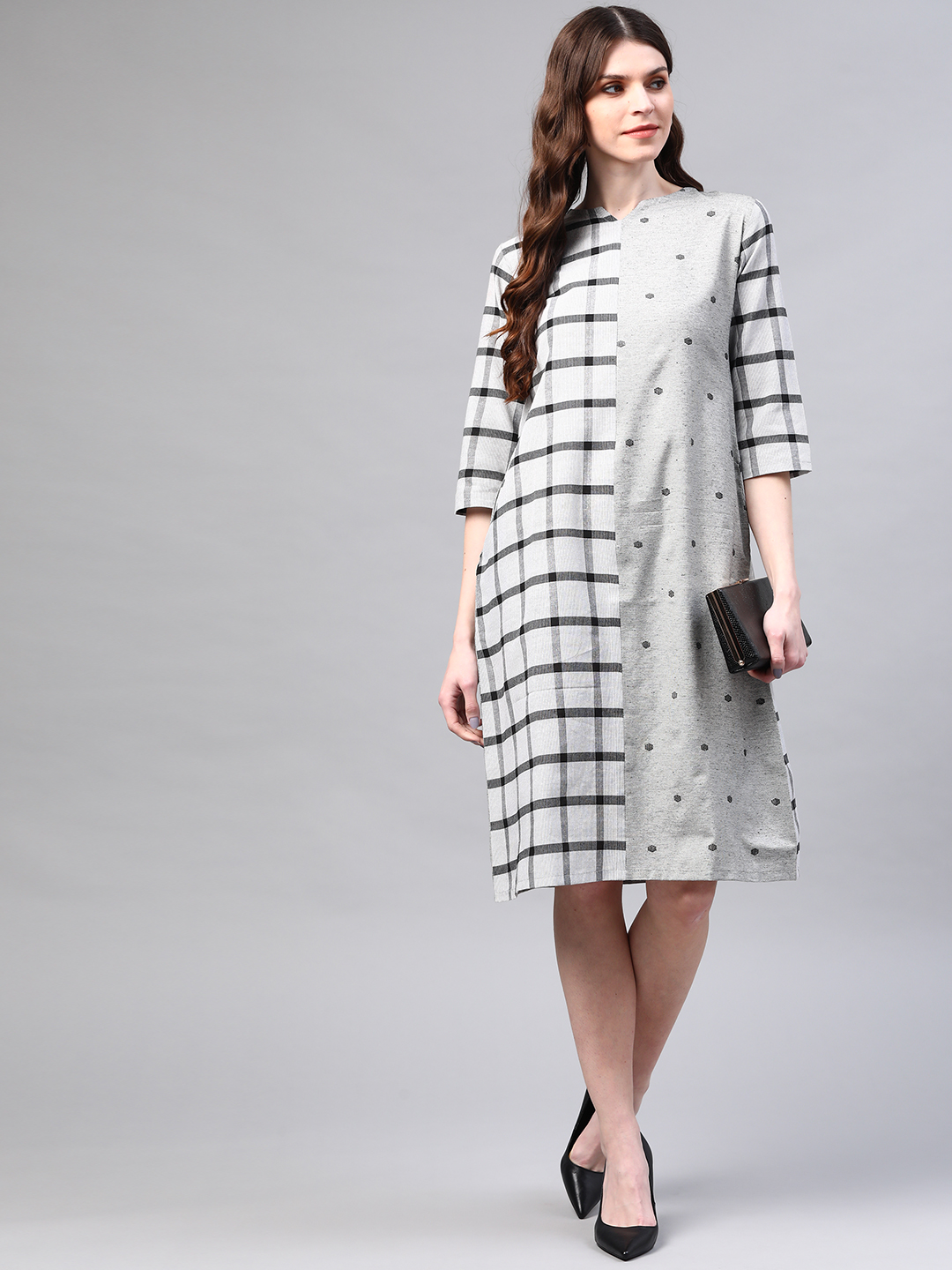 Grey Half and Half Handloom A-Line Dress