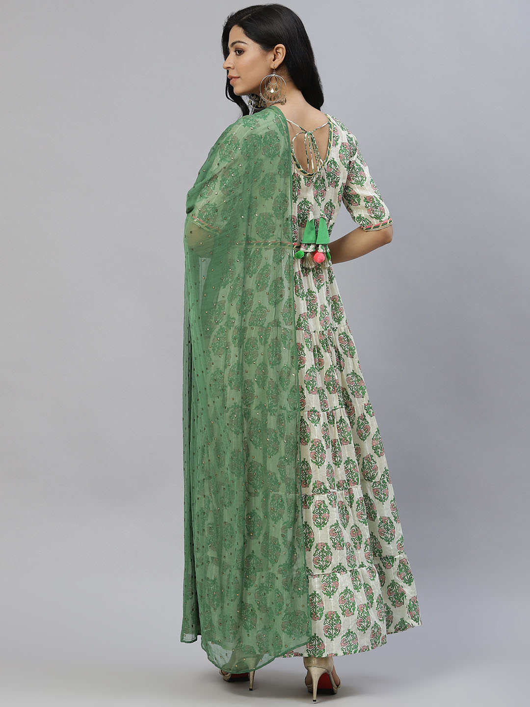Cream-Coloured & Green Floral Ethnic Maxi Dress with Dupatta