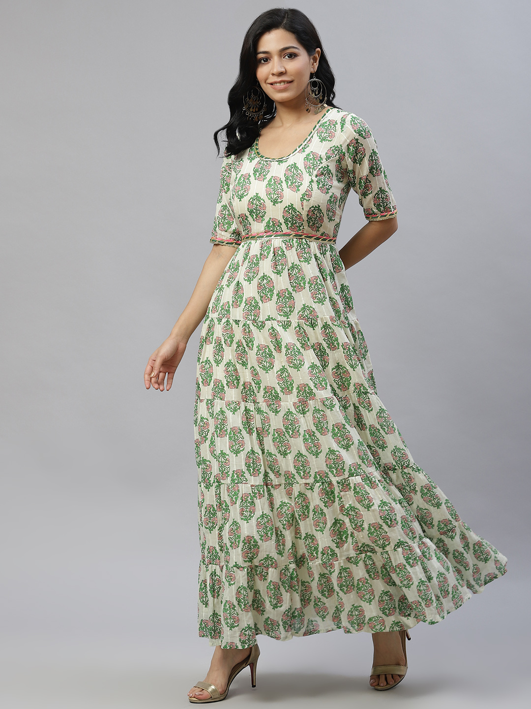 Cream-Coloured & Green Floral Ethnic Maxi Dress with Dupatta
