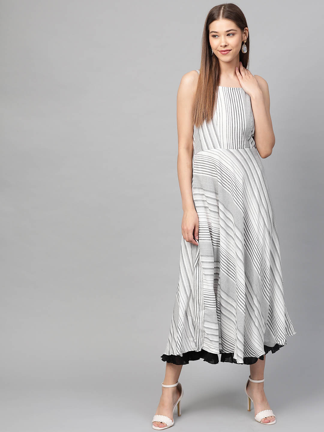 White & Black Striped Maxi Dress With Shrug