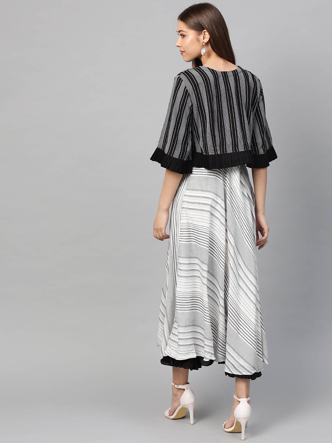 White & Black Striped Maxi Dress With Shrug