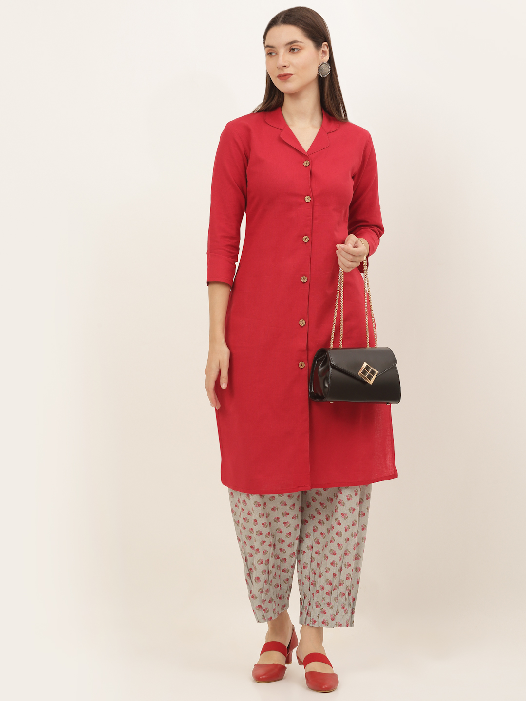 Women Grey and Red Printed Pure Cotton Salwar