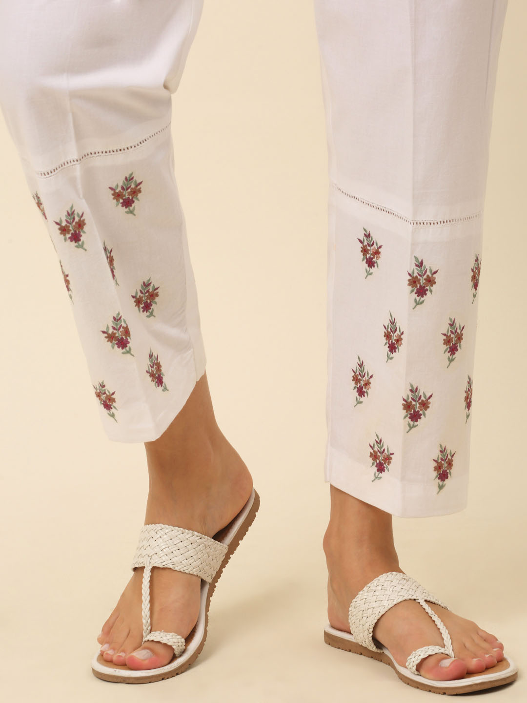 White Embroidered Hem Palazzo with Beeding lace details