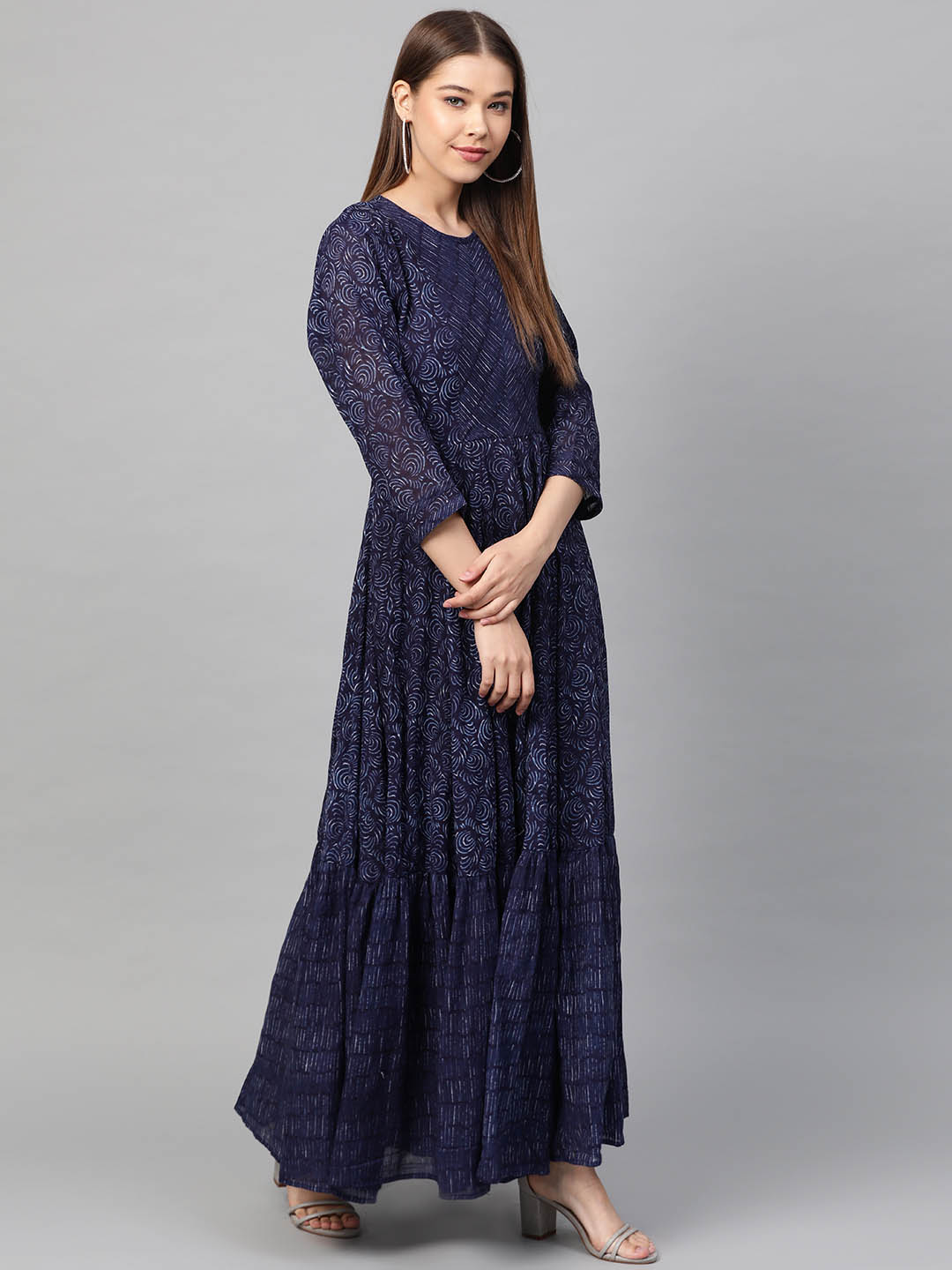 Navy Blue Printed Fit & Flare Maxi Dress