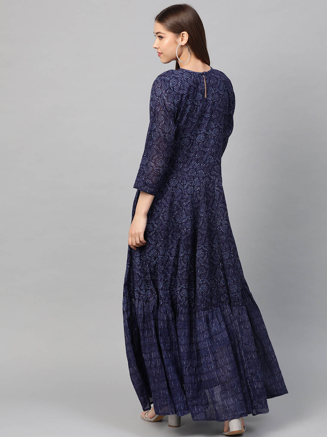 Navy Blue Printed Fit & Flare Maxi Dress