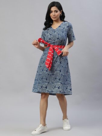 Blue Sustainable A-Line Dress with Belt