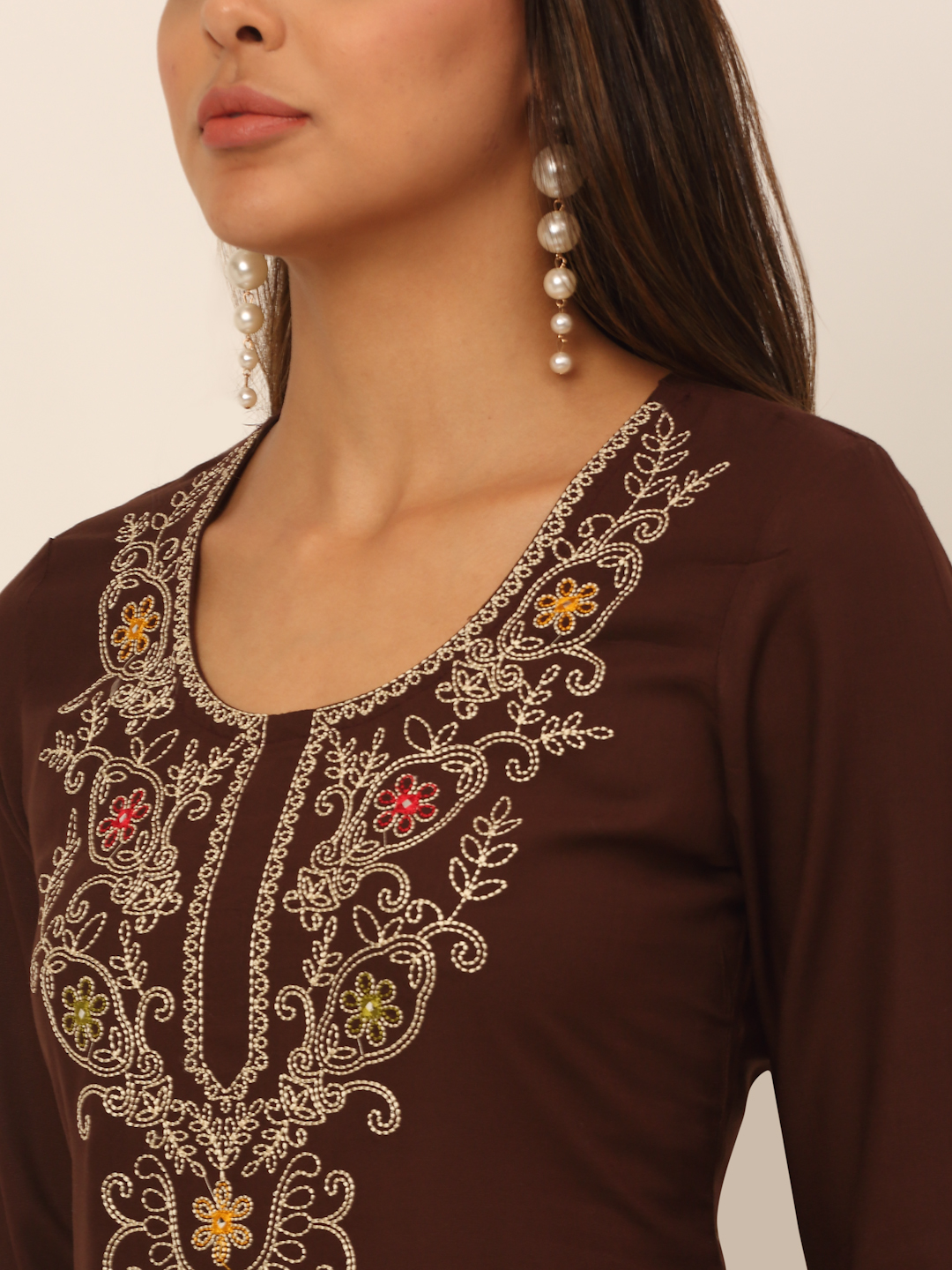 Women Brown Floral Embroidered Thread Work Kurta with Palazzos