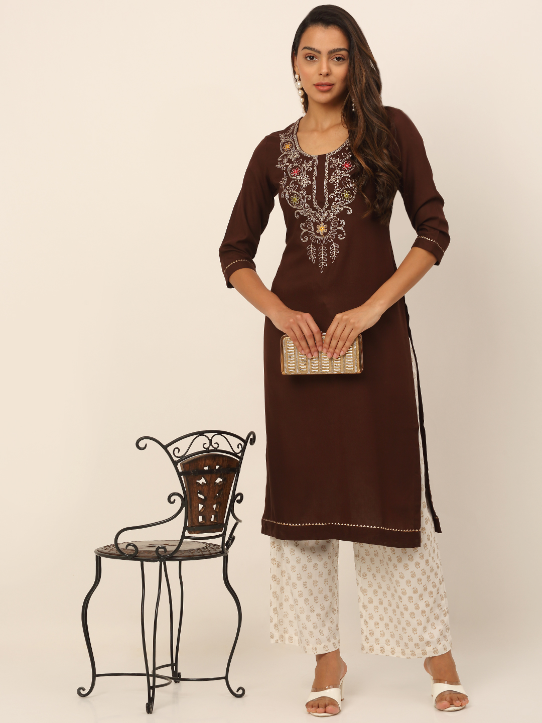 Women Brown Floral Embroidered Thread Work Kurta with Palazzos