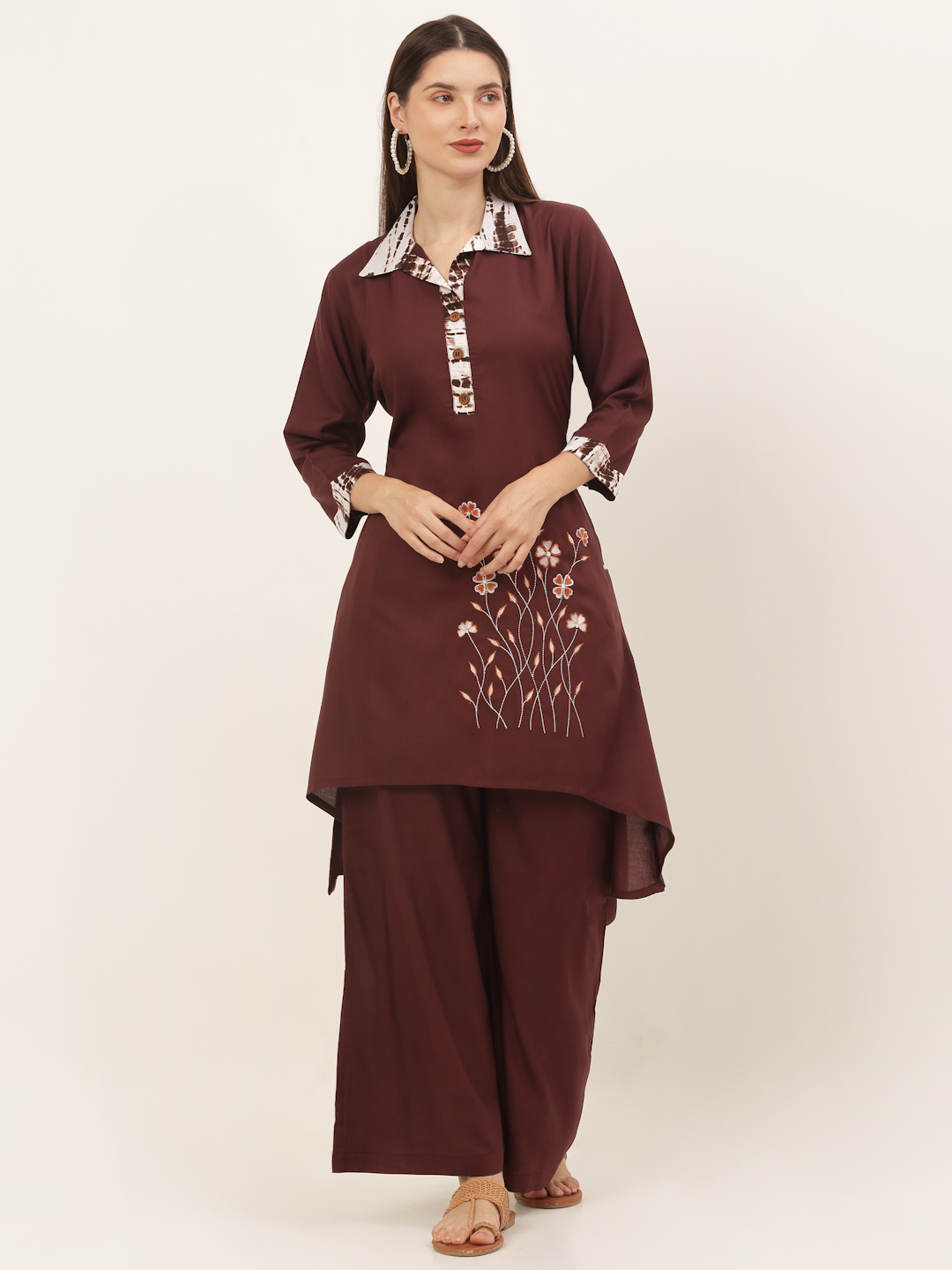 Women Brown Embroidered Kurti with Palazzos