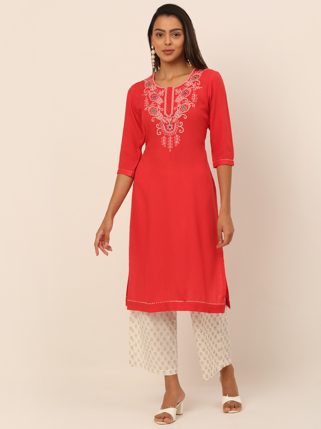 Women Coral Embroidered Thread Work Kurta with Palazzos