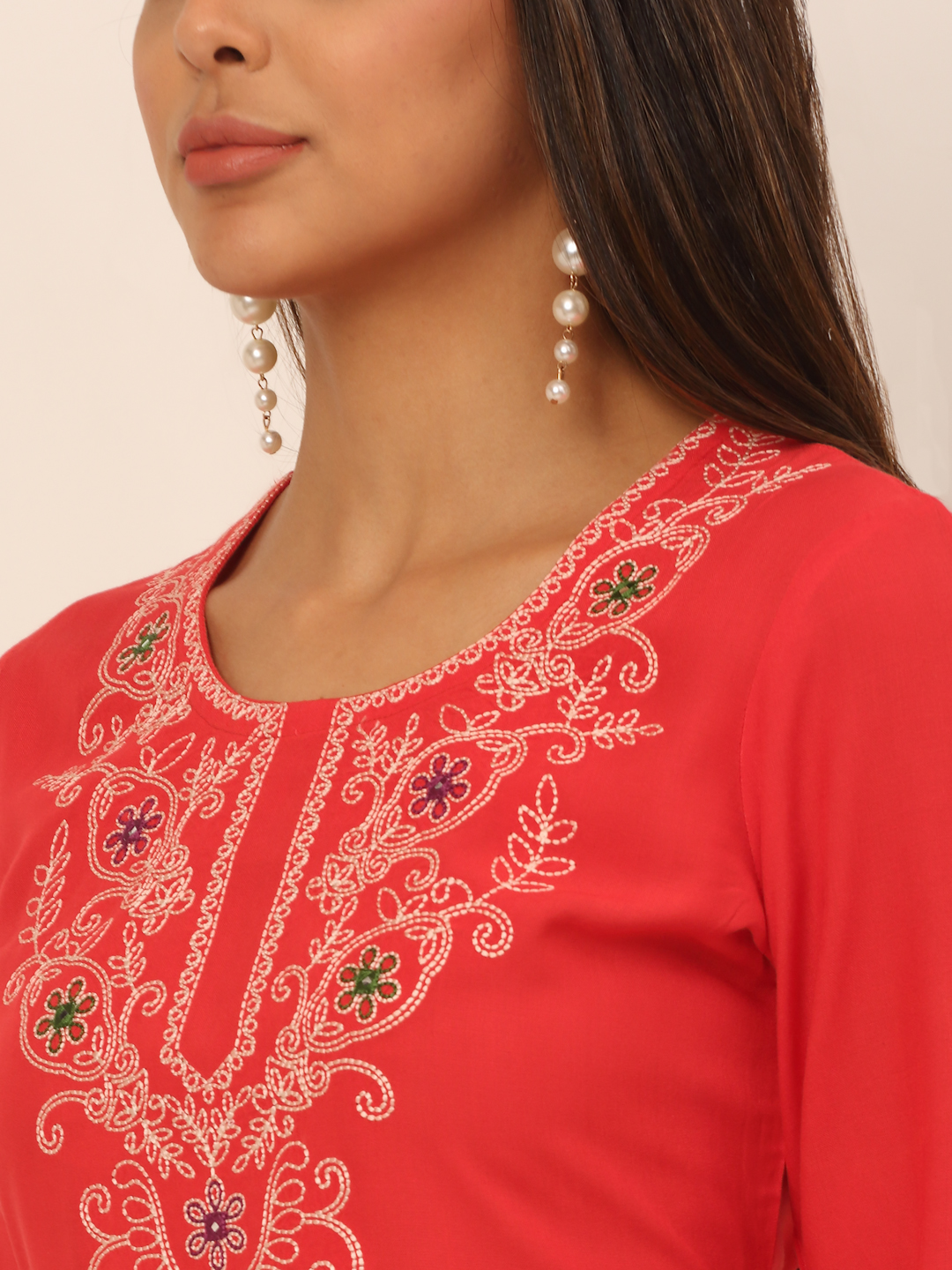 Women Coral Embroidered Thread Work Kurta with Palazzos