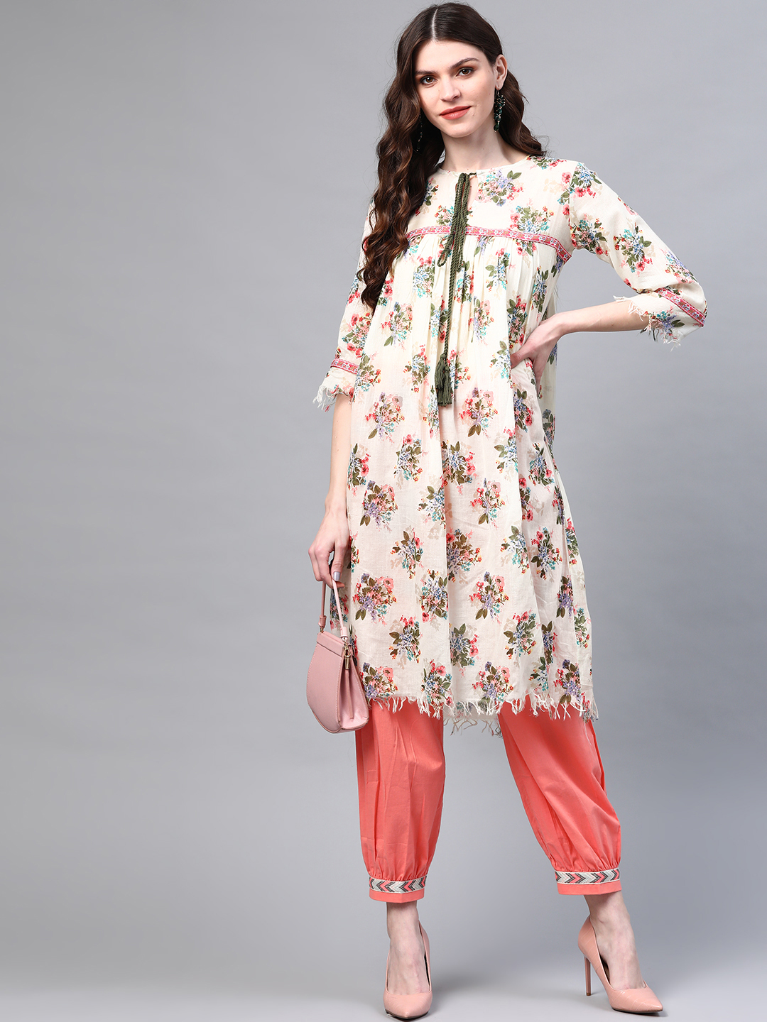 Women Off-White & Green Floral Screen Print A-Line Sustainable Kurta