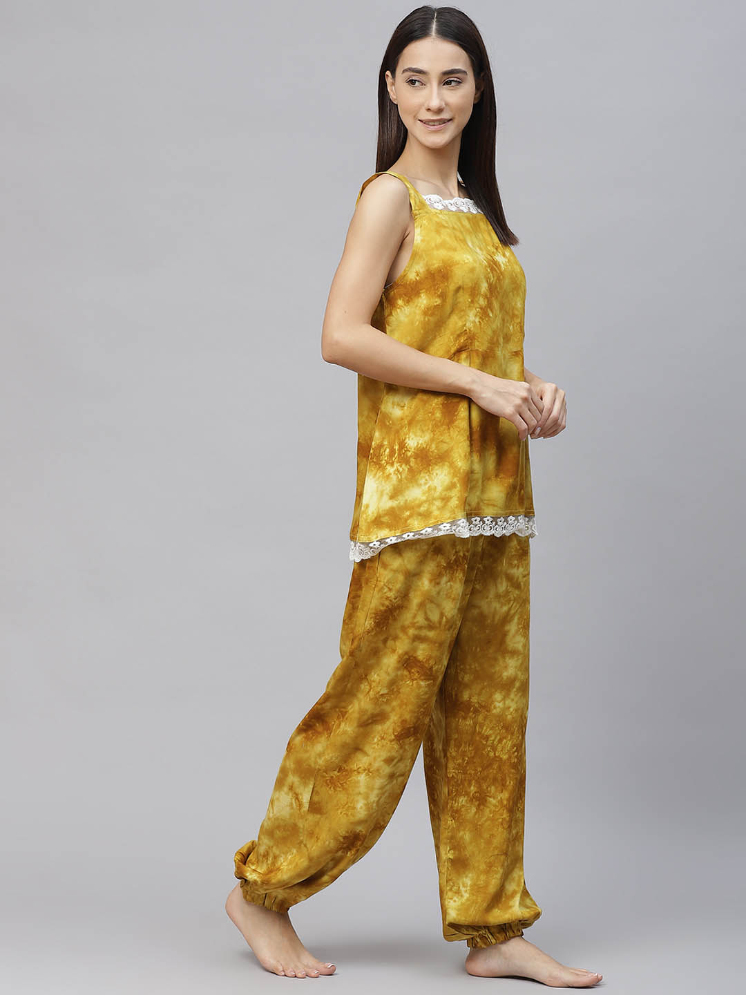 Mustard Yellow Dyed  Lace Inserts Pyjama Set