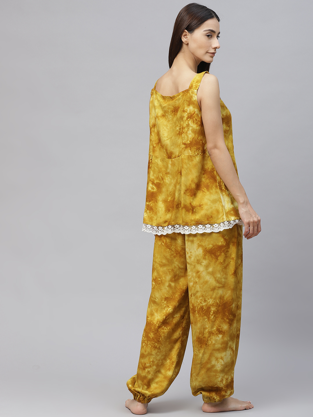 Mustard Yellow Dyed  Lace Inserts Pyjama Set