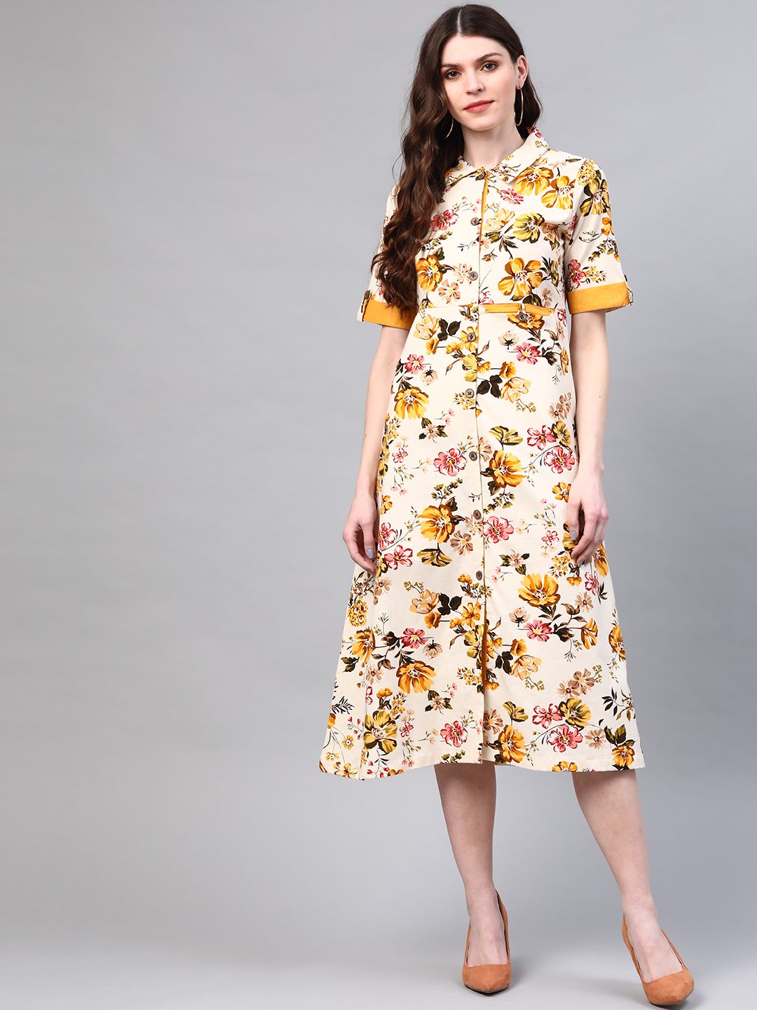 Women Off-White & Yellow Linen Printed Shirt Dress