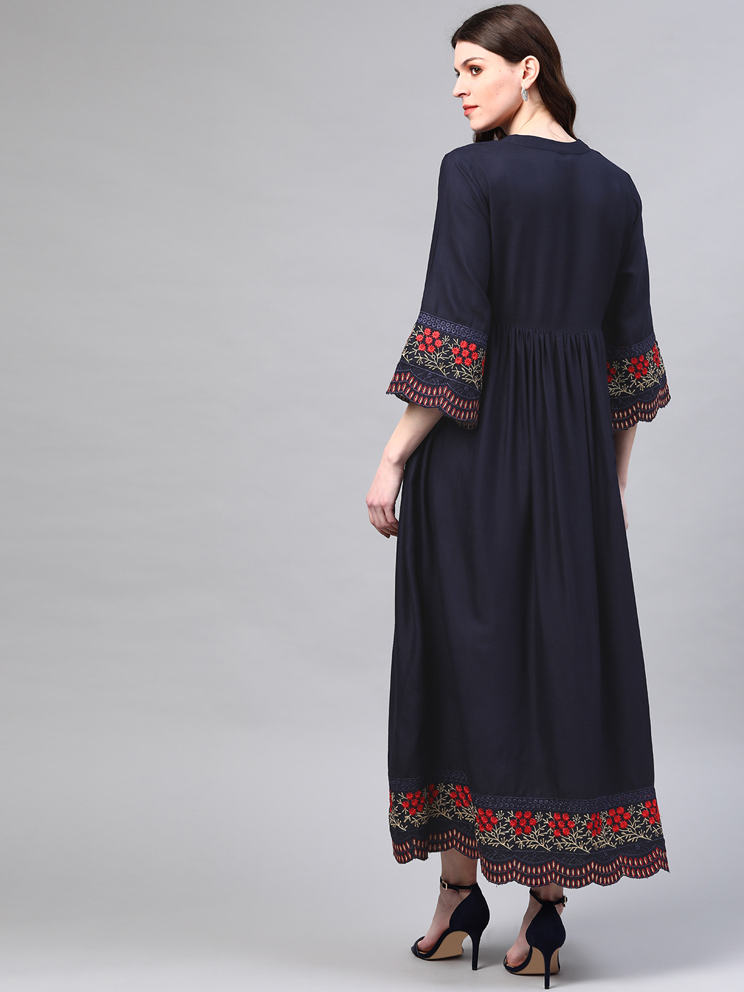 Navy Blue Embroidered A-Line Dress