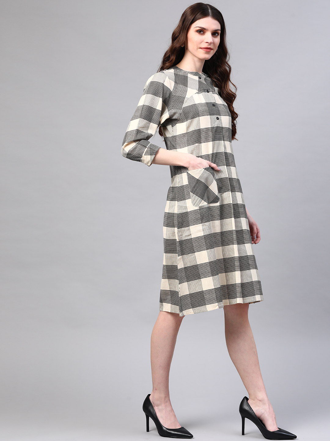 Off-White Black Checked Pleated A-Line Dress