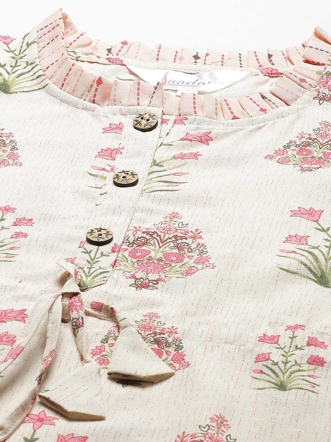 Women Beige & Pink Floral  Print Cotton Pyjama Set