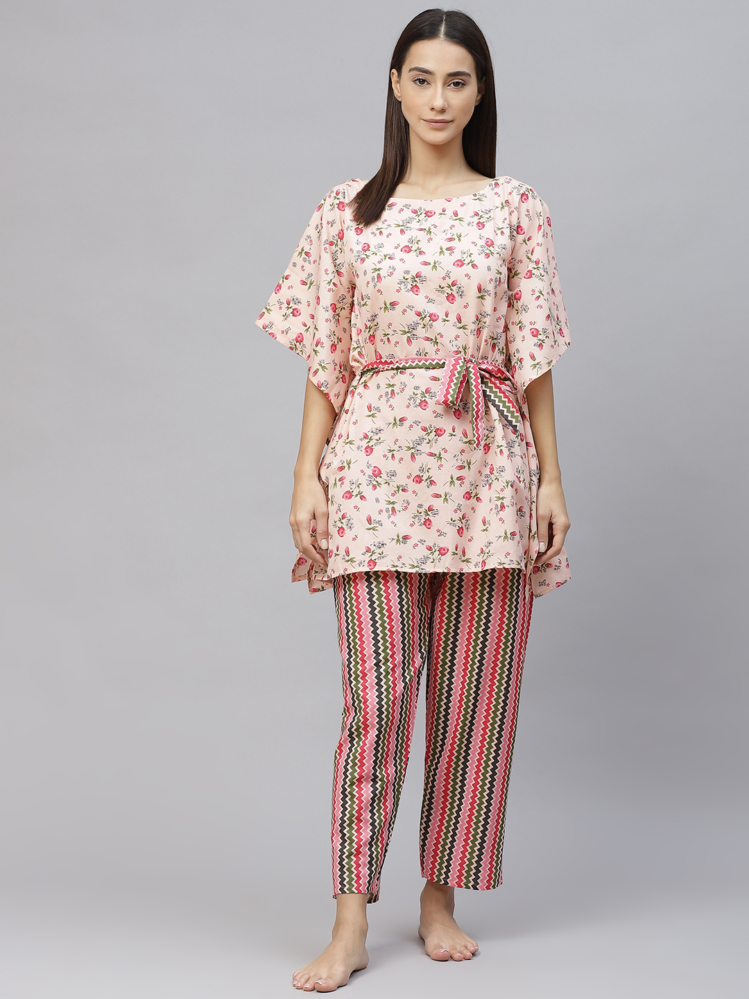 Women Peach-Coloured &  Green Floral Cotton Kaftan  Pyjama Set Belt