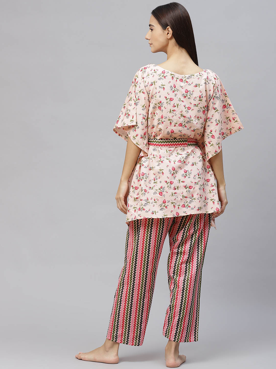 Women Peach-Coloured &  Green Floral Cotton Kaftan  Pyjama Set Belt