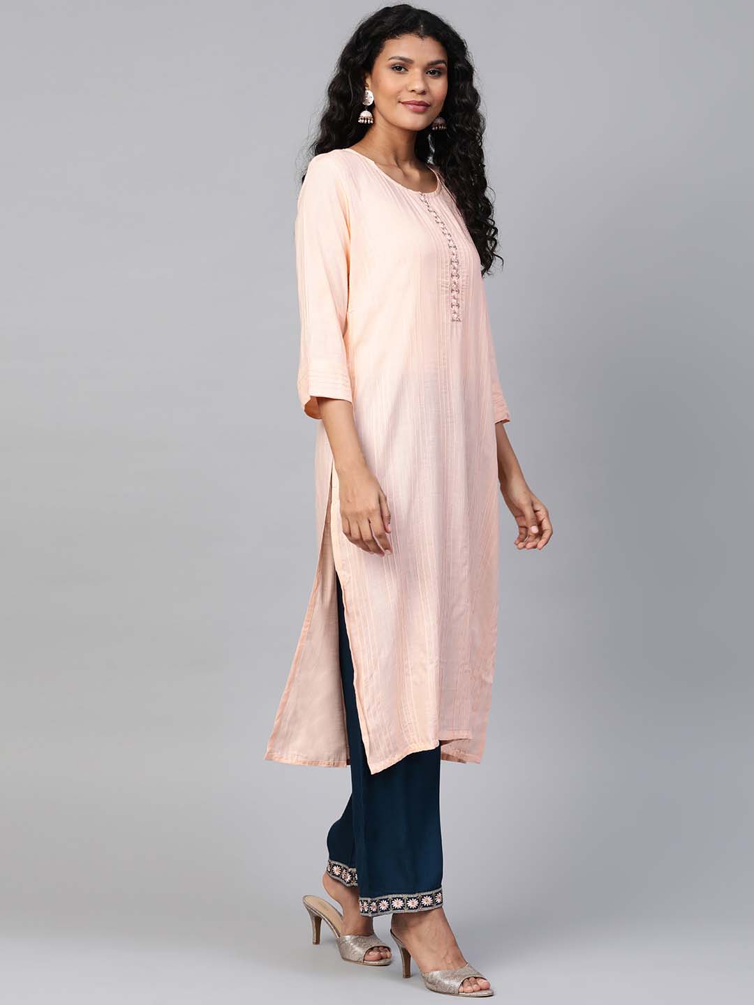 Women Peach-Coloured & Teal Blue Solid Pintuck Kurta with Palazzos