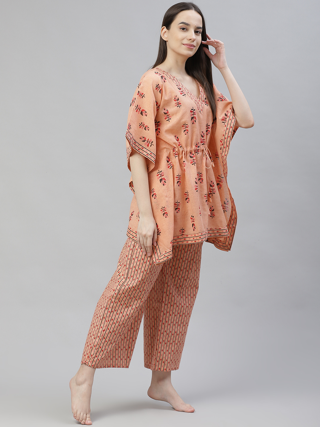 Peach-Coloured Printed  Cotton Kaftan Night suit