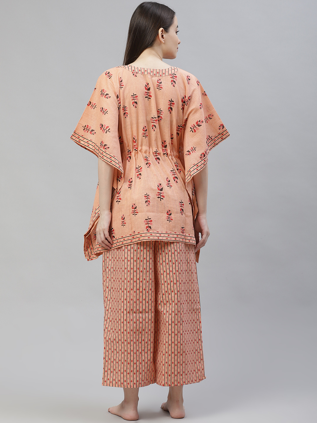 Peach-Coloured Printed  Cotton Kaftan Night suit