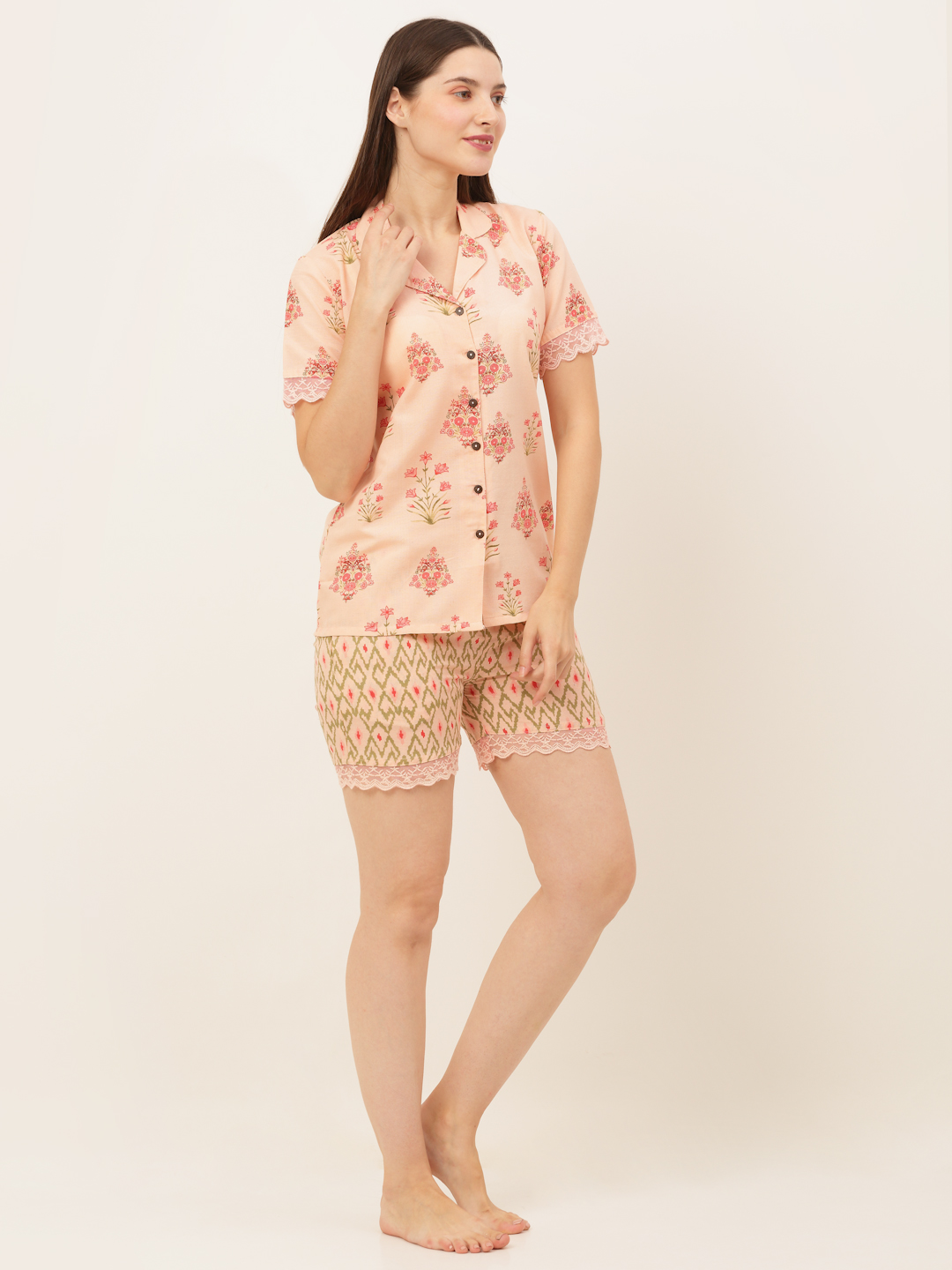 Women Peach-Coloured & Green Printed Night suit