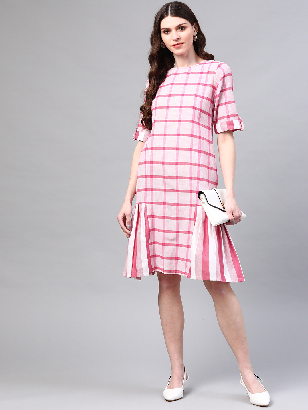 Pink Checked Handloom A-Line Dress