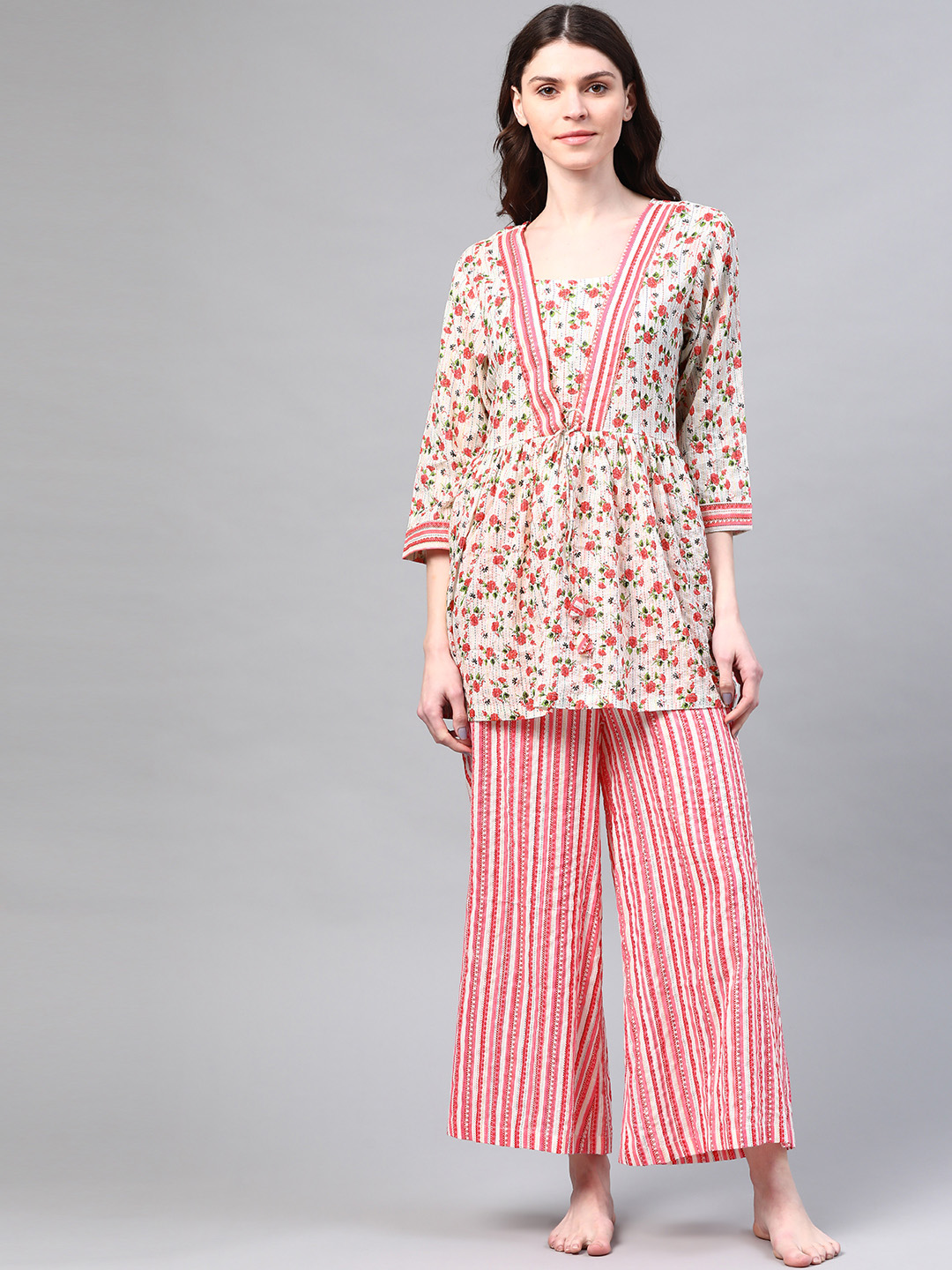 Off-White & Pink Floral  Print Pure Cotton Night suit