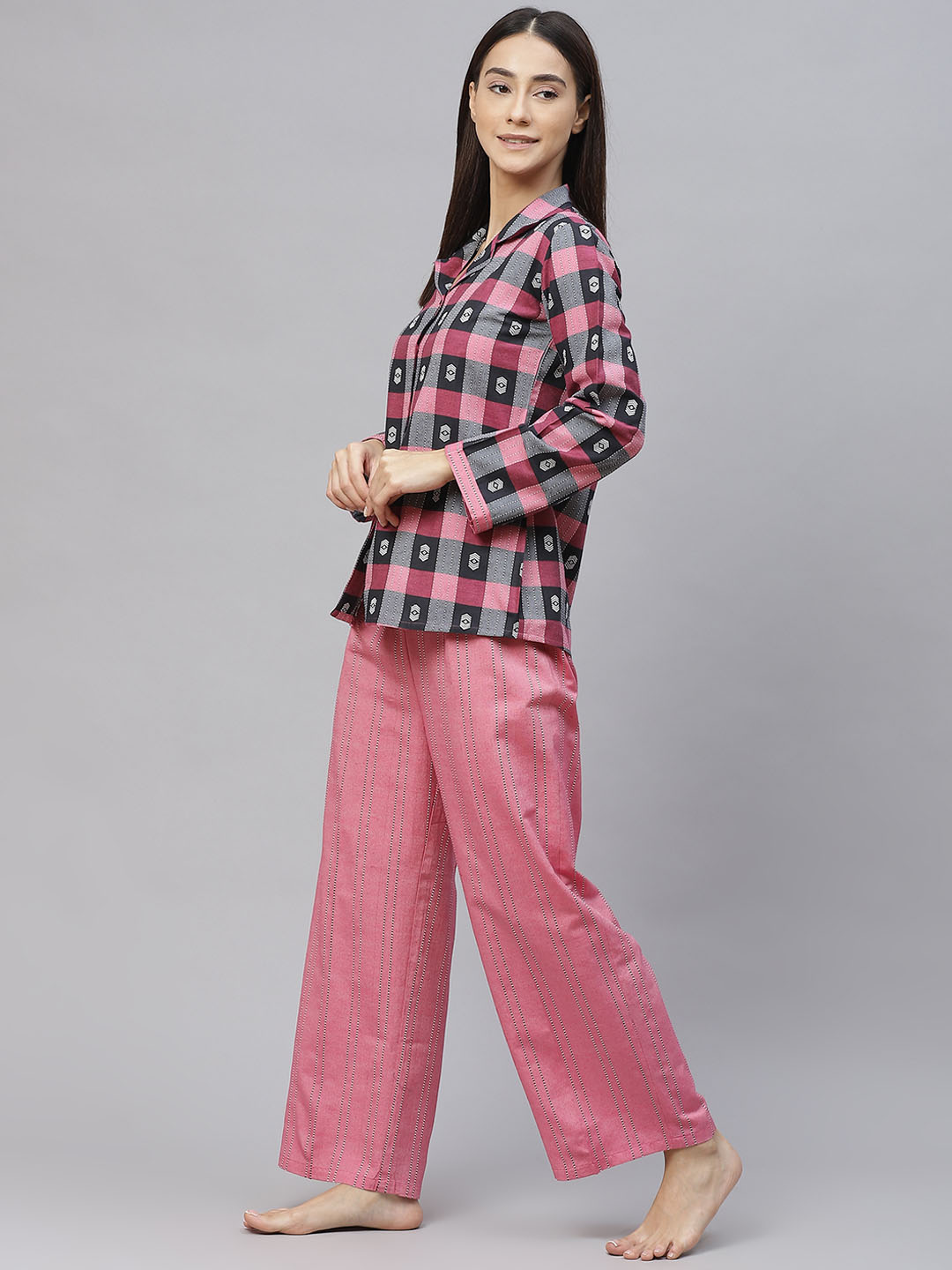 Pink and Black Pure Cotton  Checked  Night suit