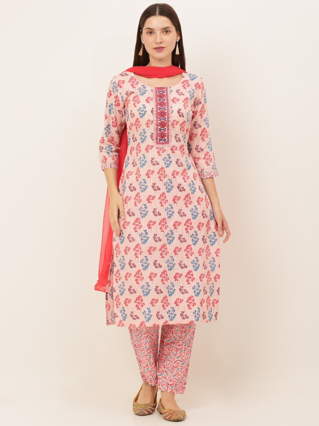 Women Pink Floral Printed Kurta with Trousers & With Dupatta