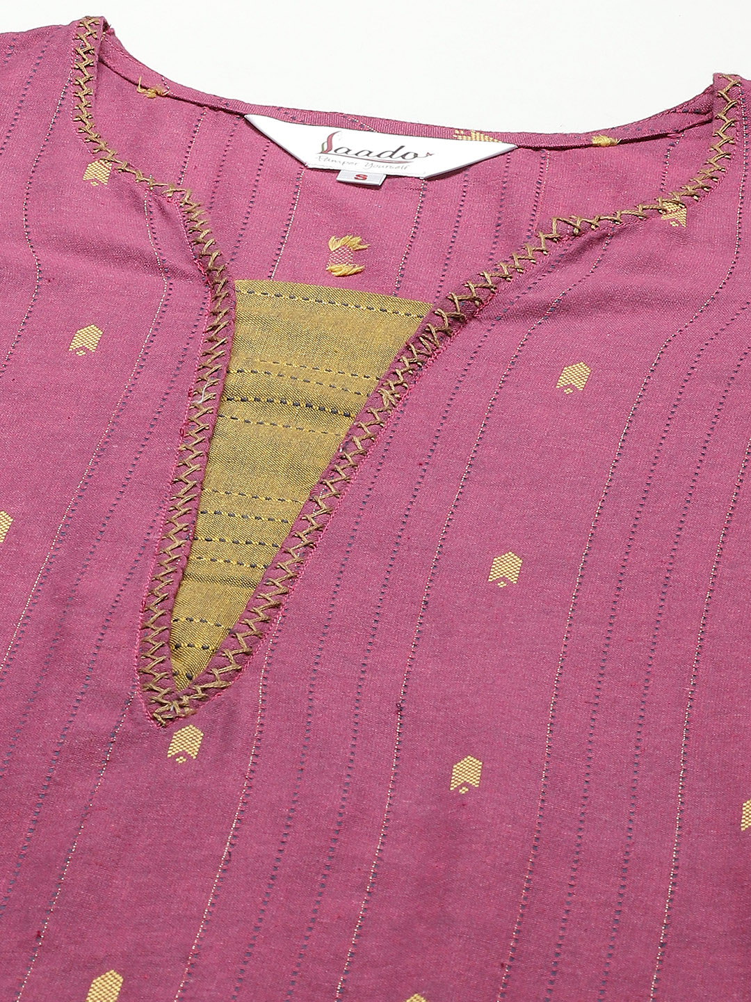 Pink & Golden Weaved Handloom  Cotton Kurta with Thread Work