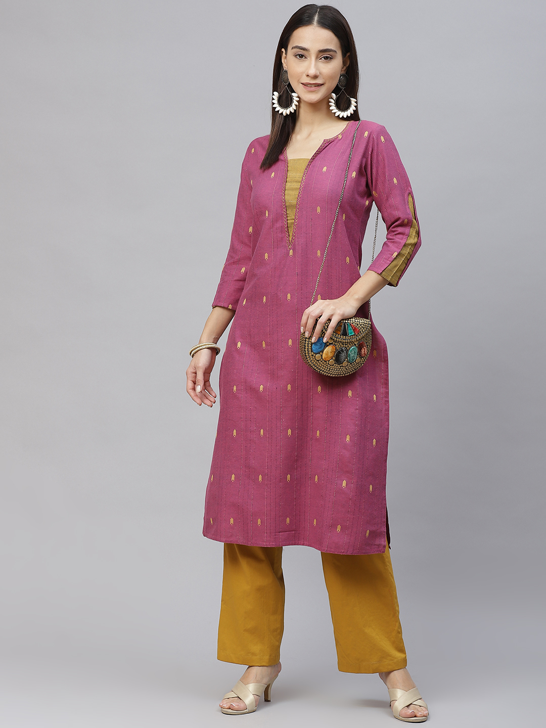 Pink & Golden Weaved Handloom  Cotton Kurta with Thread Work