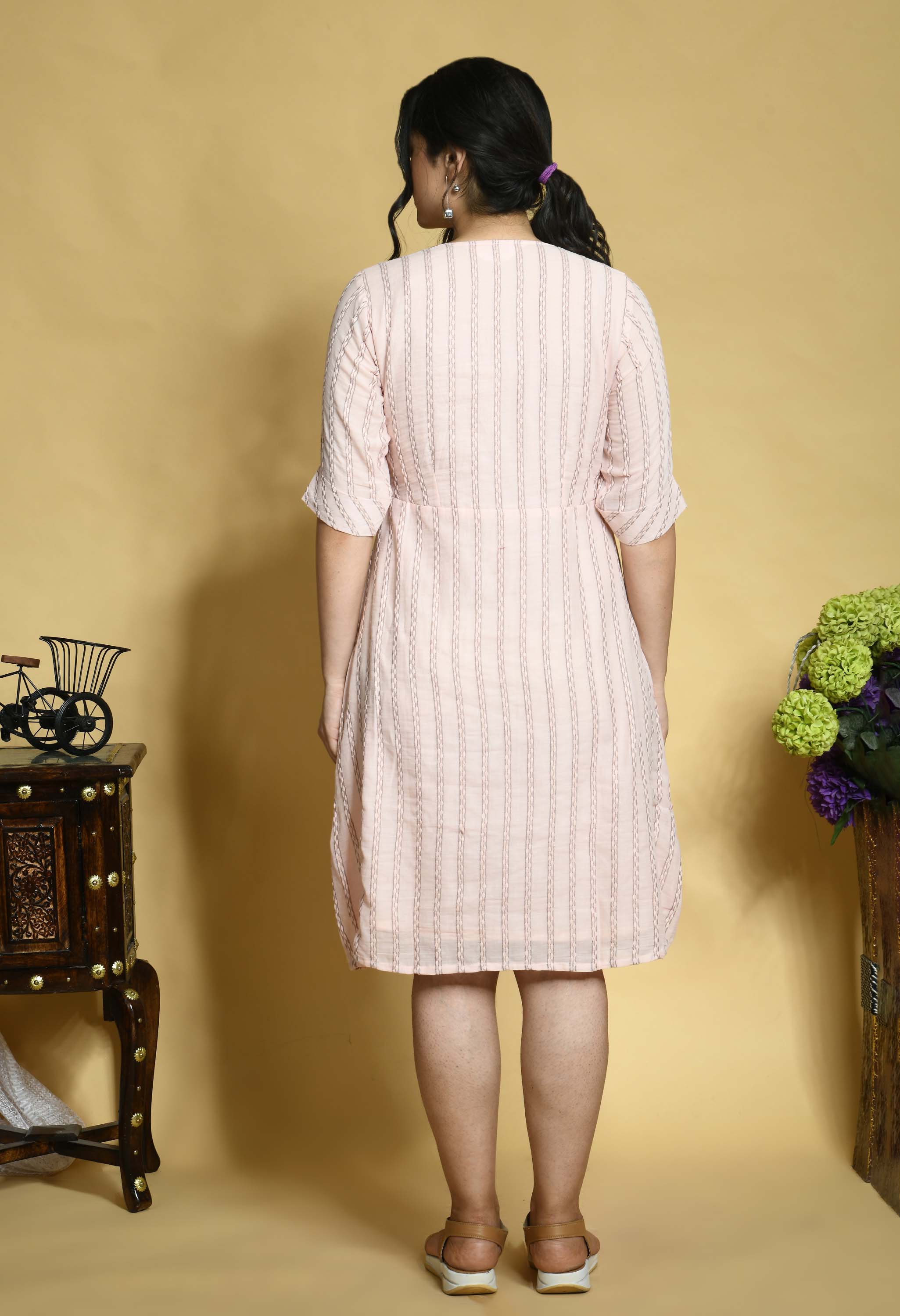 Pink Handloom Dress <br/>with Front Patch Pockets