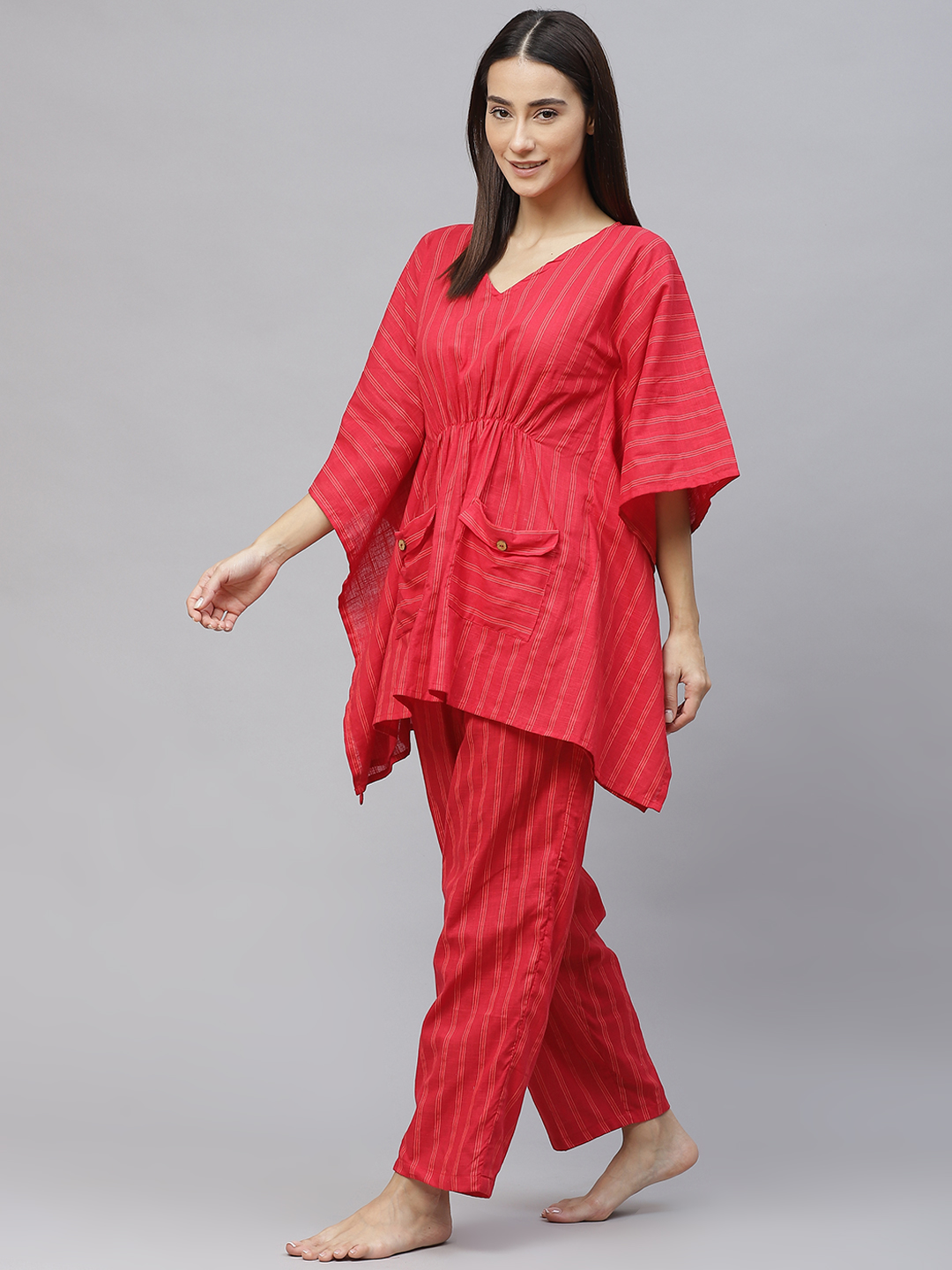 Women Red and Orange  Striped Cotton Kaftan Pyjama Set
