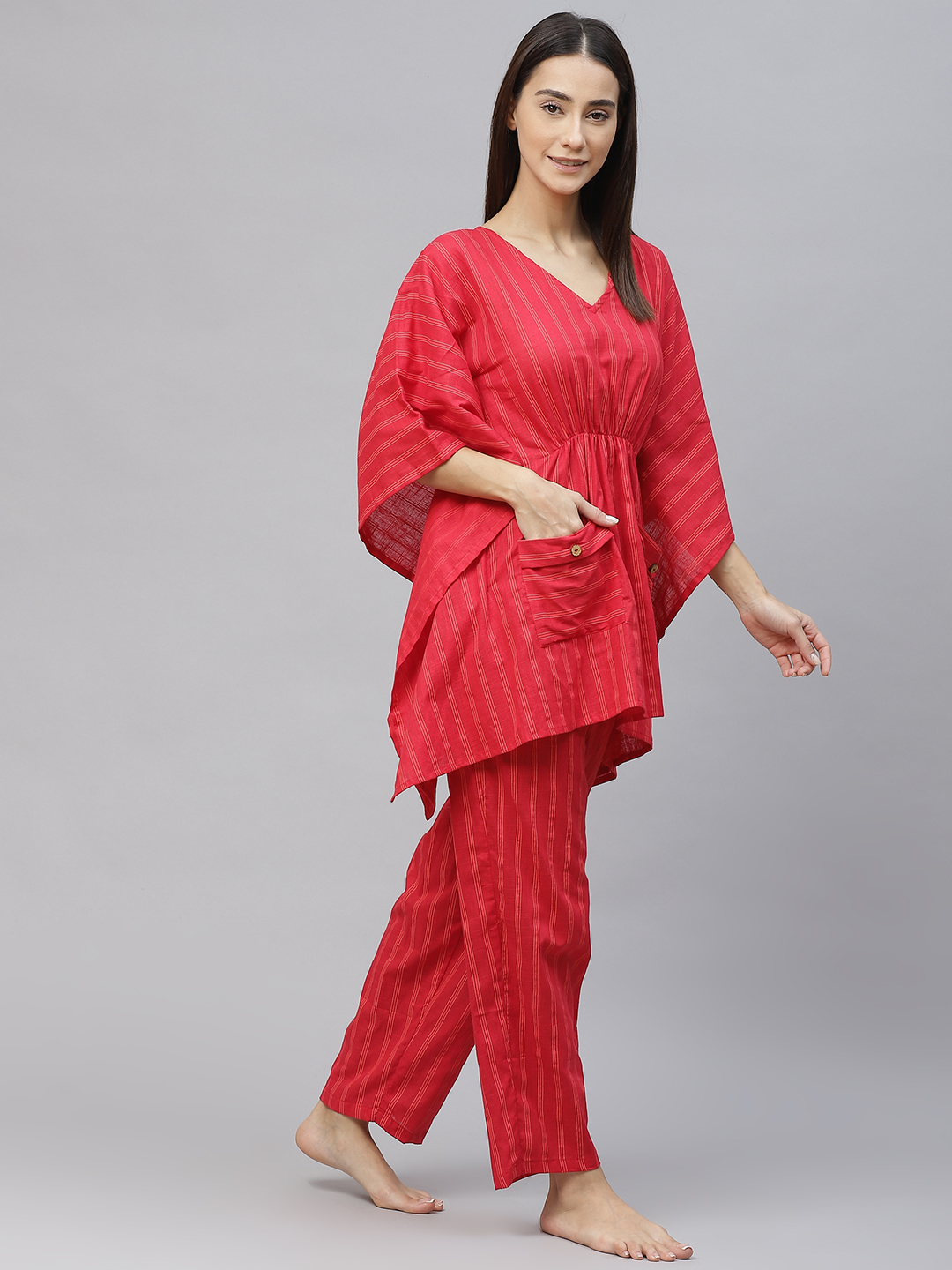 Women Red and Orange  Striped Cotton Kaftan Pyjama Set