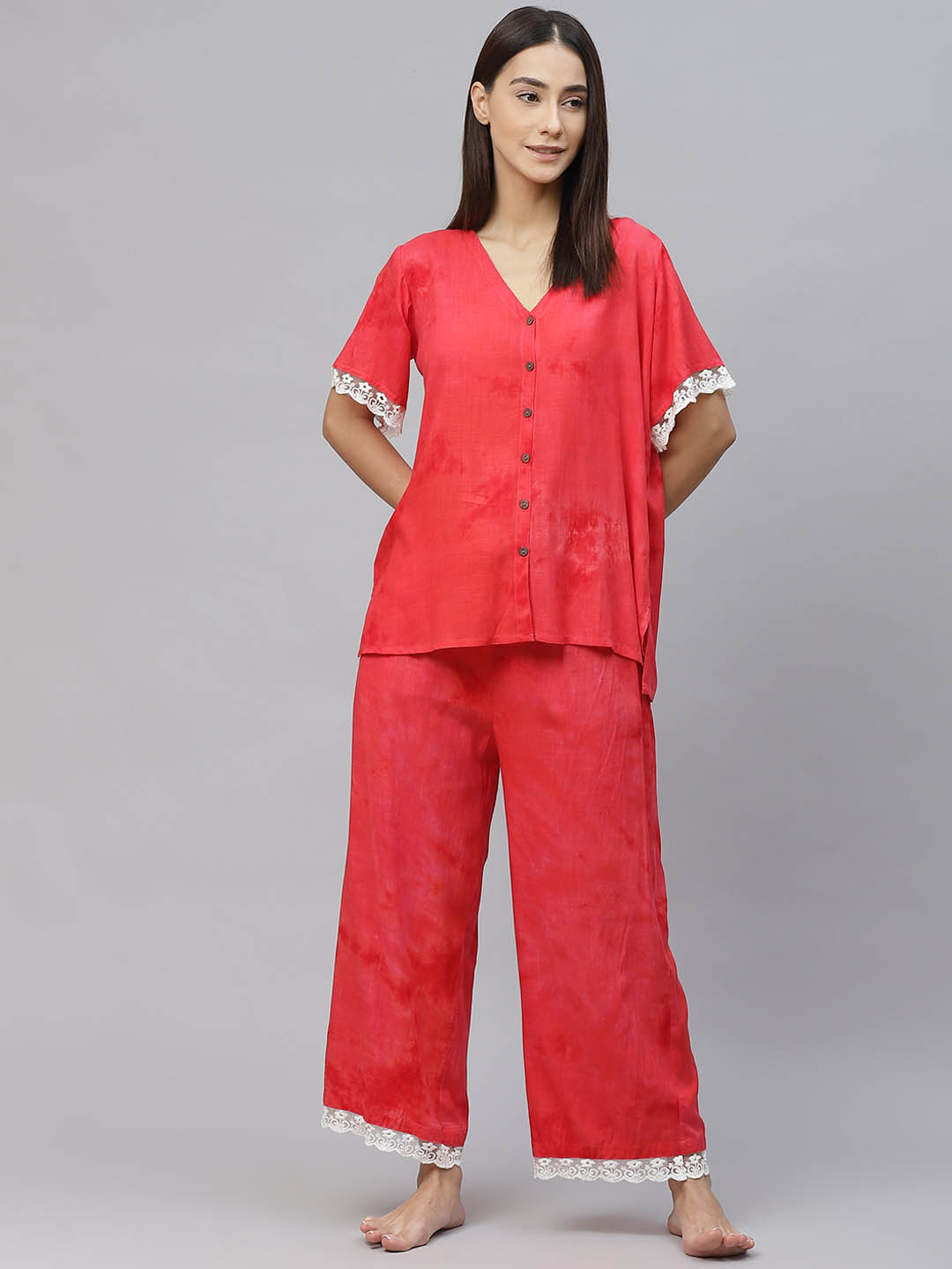 Women Red Dyed Lace Inserts Pyjama Set