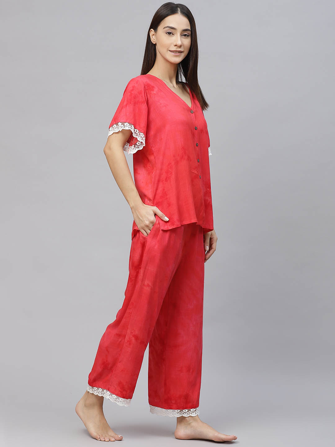 Women Red Dyed Lace Inserts Pyjama Set