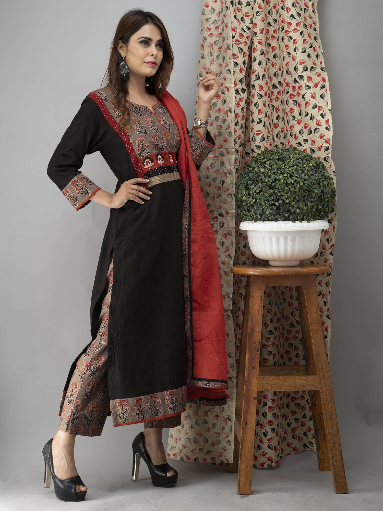 Hand Embroidered Black Kurta With<br>Ajrakh Pants And Dupatta- Set of 3