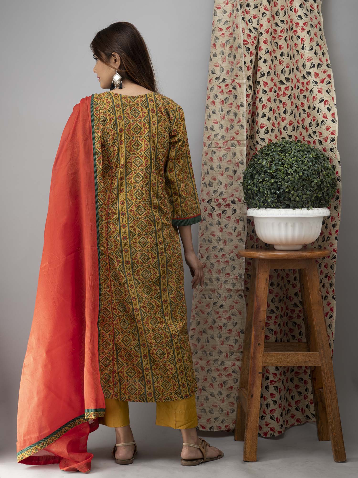 Hand Embroidered Mustard Ajrakh Kurta With Pants And Dupatta